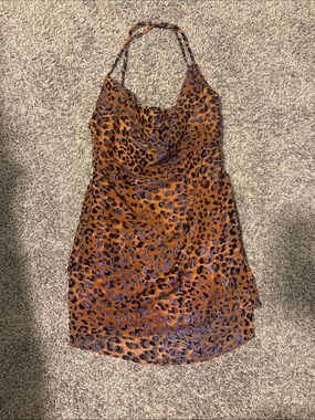 PrettyLittleThing Brown and Blue Leopard Halter Mini Dress